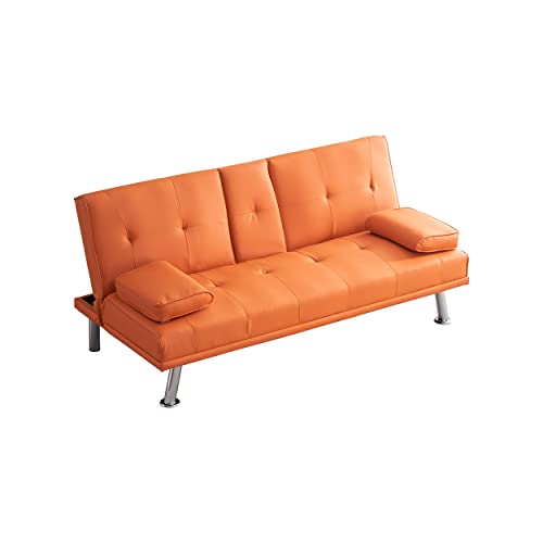 KEIKI 67" Leather Folding Futon Sofa w/Cup Holder & Adjustable Backrest, Mid Century Modern Couch Loveseat Convertible to Sleeper Bed, Comfy Cloud Couch SofaBed for Living Room & Bedroom, Orange KEIKI