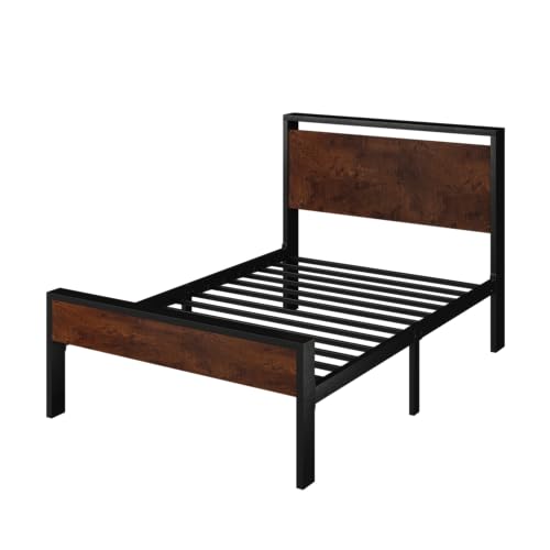 SHA CERLIN 14 Inch Twin Size Metal Platform Bed Frame with Wooden Headboard and Footboard, Mattress Foundation, No Box Spring Needed, Large Under Bed Storage, Heavy Duty Slats Support, Mahogany SHA CERLIN