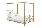 DHP Rosedale Metal Canopy Bed Frame with Four Poster Design and Geometric Accented Headboard and Footboard, Underbed Storage Space, Queen, Gold DHP