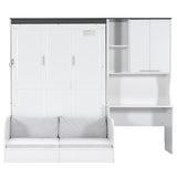 Merax Farmhouse Multi-Functional Murphy Bed with Sofa, Desk & Storage Cabinet,Solid Wood Foldable Wall Bed/Space Saving/No Box Spring Needed/Full,White + Gray Merax