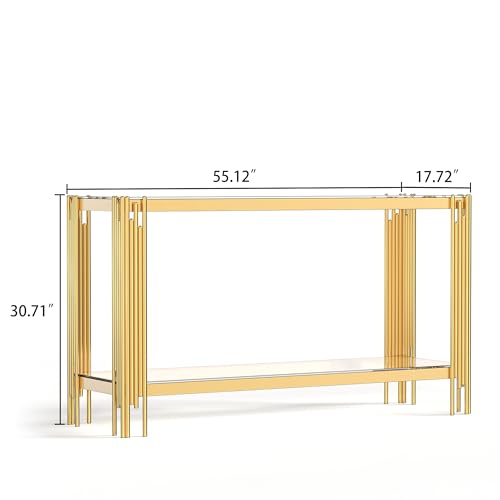 HomVent Rectangular Glass Console Table, Modern Side Sofa Table w/2 Layer Tempered Glass Living Room Table and Mirror Finished Stainless Steel Frame for Living Room Office (Gold, Console Table) HomVent