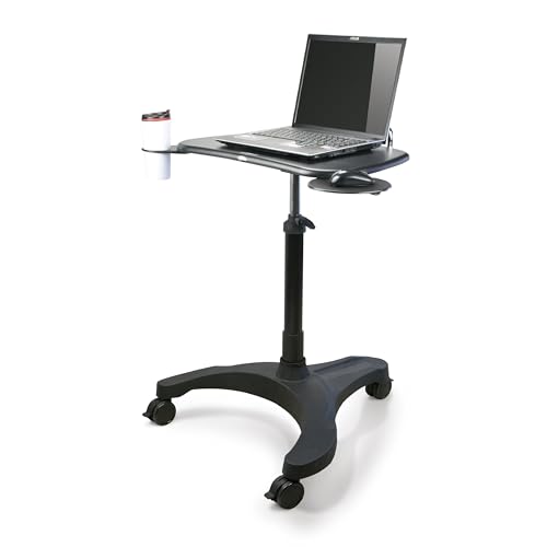 EHO Mobile Laptop Desk Cart with Wheels, Height Adjustable Standing Desk with Pneumatic Lift, Rolling Workstation with Mouse Tray and Cup Holder, Portable Table for Home Office or Classroom EHO