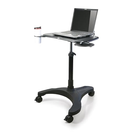 EHO Mobile Laptop Desk Cart with Wheels, Height Adjustable Standing Desk with Pneumatic Lift, Rolling Workstation with Mouse Tray and Cup Holder, Portable Table for Home Office or Classroom EHO