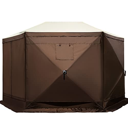 VEVOR 12 * 12ft 6 Sided Pop-up Canopy Shelter Tent with Mesh Windows, Portable Carry Bag, Stakes, Large Shade Tents for Outdoor Camping, Lawn and Backyard, Brown/Beige VEVOR