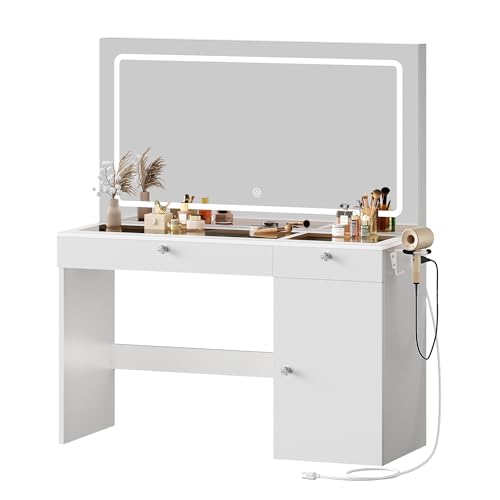 DWVO 47" W Vanity Desk with LED Light and Power Outlets, Large Makeup Vanity with Dividers and Hair Dryer Rack, 3 Level Storage Dresser Makeup Vanities Dressing Table for Bedroom, White - WoodArtSupply