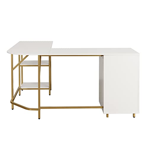 Techni Mobili L Shaped Desk - Two-Toned Computer Desk with Drawers & Storage Shelves - Simple Modern Furniture & Home Office Space Corner Table for Work & Writing Techni Mobili