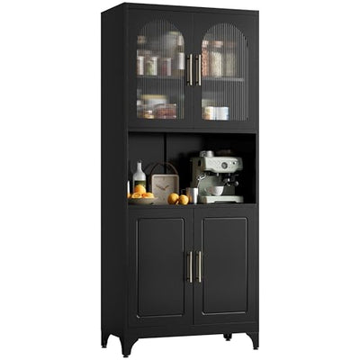 Kubohogar 75" Tall Kitchen Pantry Cabinet, Metal Storage Cabinets with Acrylic Doors and Adjustable Shelves, Hutch Cabinet with Storage, Black Microwave Stand Cabinets for Dining Living Room