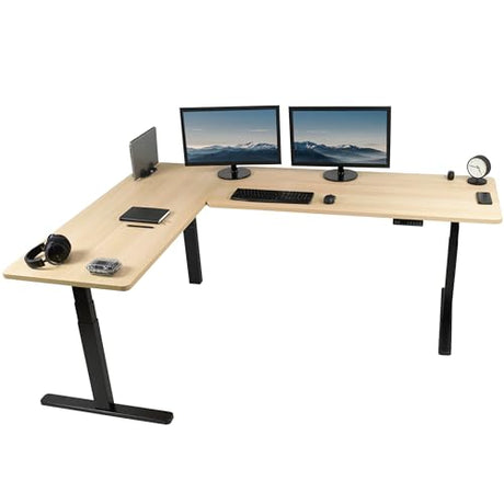 VIVO Electric Height Adjustable 83 x 60 inch Corner Stand Up Desk, 2 Light Wood Solid Table Tops, Black Frame, Memory Controller, L-Shaped Workstation, 3E Series, DESK-KIT-3E8BC VIVO