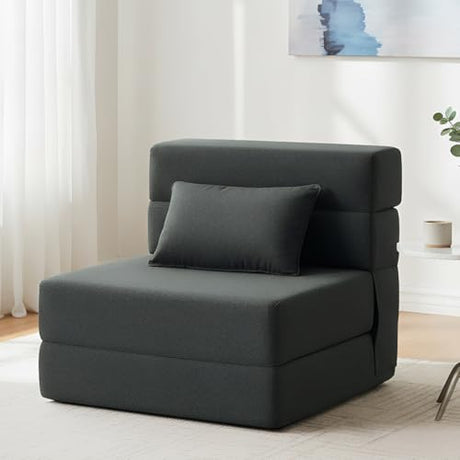 FILUXE Folding Sofa Bed | Convertible Sleeper Chair Bed for Adults, Fold Out Chair to Bed Linen Futon Chair with Pillow, for Home Dorm Apartment RV Living Room, Single Size Dark Gray FILUXE