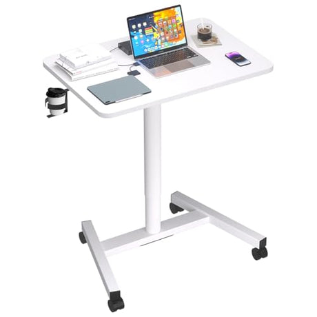 MPETAPT 28-Inch Mobile Standing Desk, Computer Workstations with Cup Holder, Portable Standing Desk with Lockable Wheels, Rolling Table for Home Office Classroom Hospital (Snow-White, Steel Classic) MPETAPT
