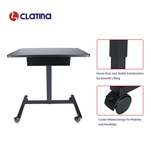CLATINA Height Adjustable Work Table with Drawer Mobile Laptop Standing Desk Portable Small Teacher Podium with Lockable Wheels Cart Computer Overbed Table for Home Office Classroom Medical, Black CLATINA