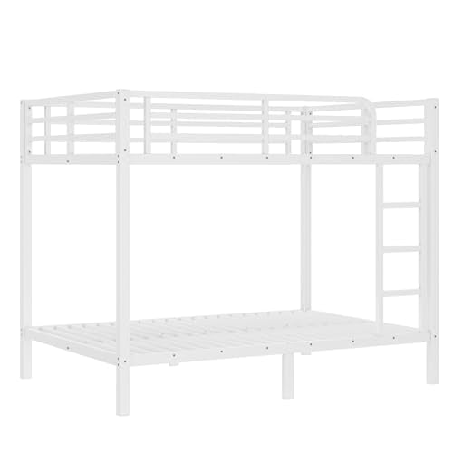 Bellemave Full Over Full Bunk Beds for Adults with Ladder & Full-Length Guardrails, Metal Heavy Duty Full Size Bunk Bed Frame with Sturdy Slats, Noise Free, No Box Spring Needed, White Bellemave