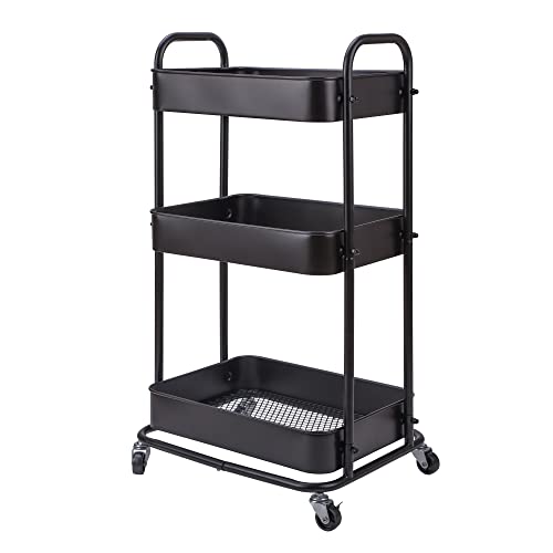 YOHKOH 3-Tier Metal Rolling Utility Cart, Storage Trolley Cart with Mesh Baskets and Lockable Wheels for Bathroom Kitchen Office (Dark Black) YOHKOH