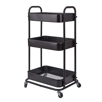 YOHKOH 3-Tier Metal Rolling Utility Cart, Storage Trolley Cart with Mesh Baskets and Lockable Wheels for Bathroom Kitchen Office (Dark Black) - WoodArtSupply