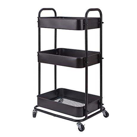 YOHKOH 3-Tier Metal Rolling Utility Cart, Storage Trolley Cart with Mesh Baskets and Lockable Wheels for Bathroom Kitchen Office (Dark Black) YOHKOH