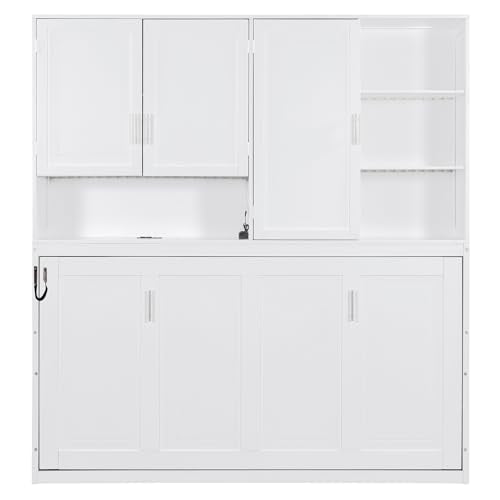 SOFTSEA Twin Size Horizontal Murphy Bed with Bookcase, LED Light and USB Charging Station, Space-Saving Hideaway Wall Bed Frame, White SOFTSEA