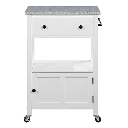 OSP Home Furnishings Fairfax Kitchen Cart with Granite Work Top and Extra Storage Drawer and Cabinet, White