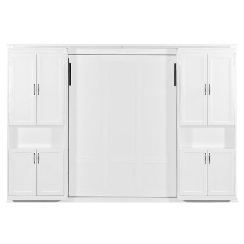 Murphy Bed with Dual Sliding Storage Cabinets, Hidden Wall Cabinet Design, Dual 6-Tier Side Shelves, Large-Capacity Space-Saving Wall Bed System for Modern Homes & Multifunctional Rooms, Full, White Merax