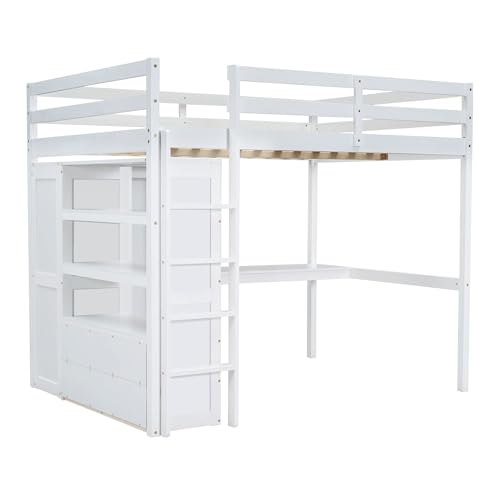 Loft Bed Full Size with Built-in Wardrobe, Desk, Storage Shelves and Drawers, Solid Wood Loft Bed Frame for Kids Teens Adults (White) BEDGJH