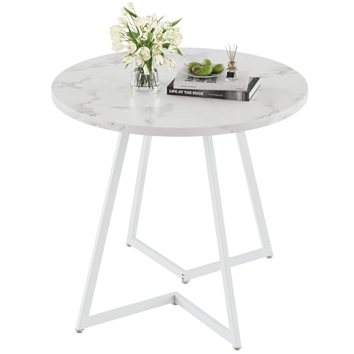 VECELO Round Dining Room Table with Wood Grain Tabletop and Steel Frame, for Kitchen, Living Room, Office, Conference, 2 to 4 Person, Fuax Marbled & White VECELO