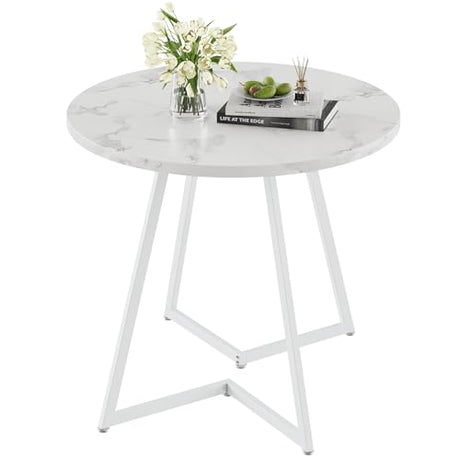VECELO Round Dining Room Table with Wood Grain Tabletop and Steel Frame, for Kitchen, Living Room, Office, Conference, 2 to 4 Person, Fuax Marbled & White VECELO