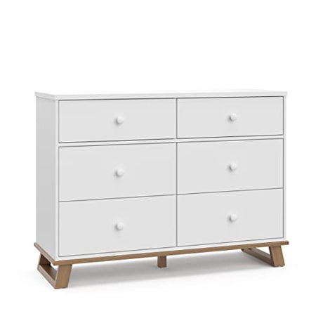 Storkcraft Modern 6 Drawer Double Dresser (White with Vintage Driftwood) – GREENGUARD Gold Certified, Modern Double Dresser for Nursery and Kids Bedroom, Wide Dresser Organizer for Children’s Bedroom Stork Craft