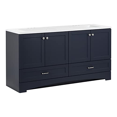Spring Mill Cabinets Emlyn 60 Inch Double-Sink Bathroom Vanity with White Top, 2 Cabinets, 2 Drawers, 60.5" W x 18.75" D x 32.89", Deep Blue Spring Mill Cabinets