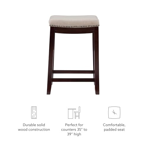 Linon Linen Backless Claridge Stool, Counter Height, Beige & Dark Walnut Linon