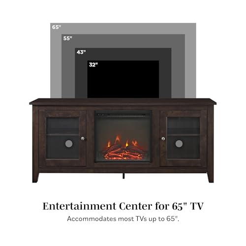 Walker Edison Rustic Wood and Glass Fireplace TV Stand for TV's up to 64" Flat Screen Living Room Storage Cabinet Doors and Shelves Entertainment Center, 58 Inch, Black