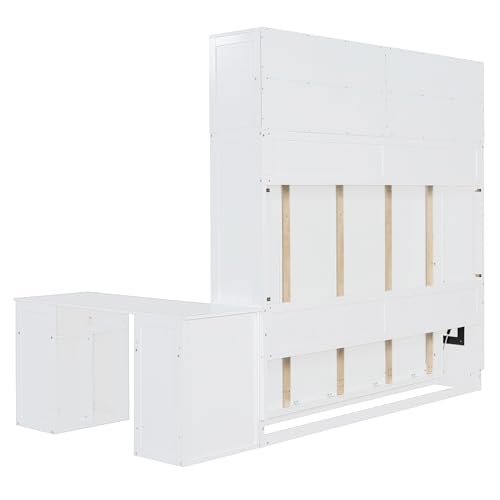 Ball & Cast Murphy Bed Queen Size,Hideaway Beds with Desk and Storage Shelves,Multifunction Wood Wall Cabinets Bedframe W/Big Cabinets &Hardware Chain,Slat Support,Space-Saving for Apartment,White Ball & Cast