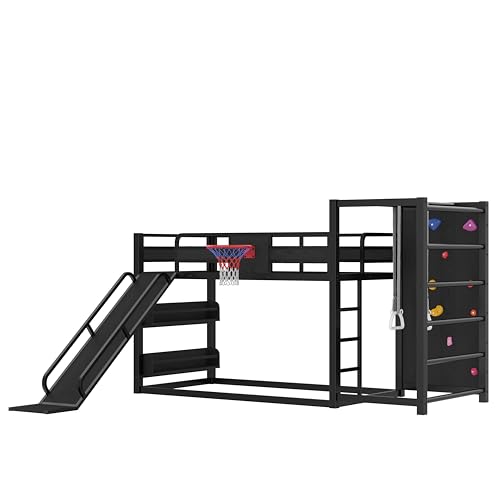 LUMISOL Twin Size Loft Bed with Slide, Basketball Hoop,Pull-up Rings and Climbing Wall, Heavy-Duty Metal Bunk Bed with Jungle Gym, Bookshelves for Kids, Boys, Girls, Black LUMISOL