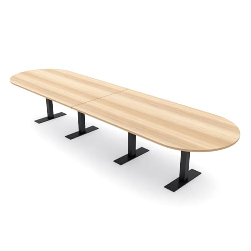 SKUTCHI DESIGNS INC. 14 Person Modular Conference Table with Metal T Legs| Racetrack Shaped | Harmony Series | 14' | Blonde Surfside Ash with Matte Black Base SKUTCHI DESIGNS INC.