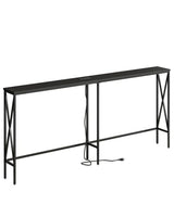 Masupu 70.9" Console Table with Power Outlet, Modern Narrow Long Sofa Table Behind Couch, Skinny Entry Table, Industrial Sofa Table with Metal Frame for Hallway, Living Room, Classic Black Masupu
