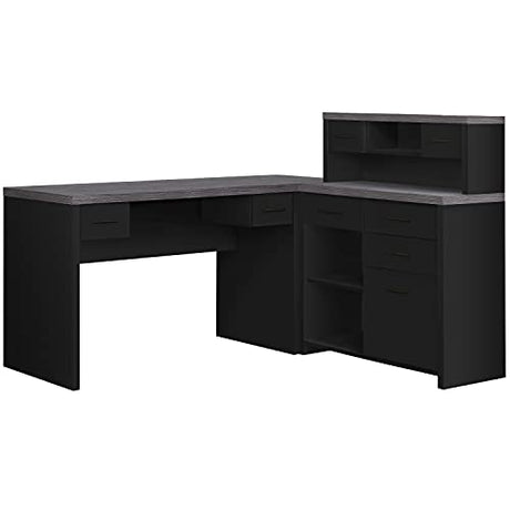 Monarch Specialties Computer Desk L-Shaped - Left or Right Set- Up - Corner Desk with Hutch 60"L (Black - Grey Top) Monarch Specialties