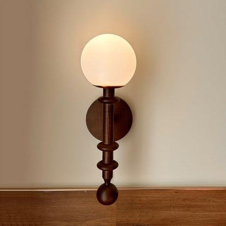 RXPVUXE Vintage Wood Wall Sconce Globe Glass Wall Lamp with Pull Chain Switch, Farmhouse Bedside Aisle Deco Lighting Fixture Retro Modern Wooden Wall Light for Living Room Hallway Stairs, E27 RXPVUXE