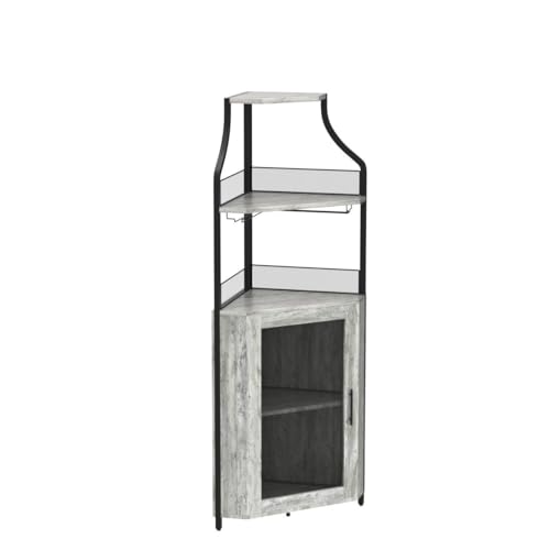 GAOMON Corner Wine Bar Rack Cabinet with Detachable Wine Rack, Bar Cabinet with Glass Holder, Small Sideboard and Buffet Cabinet with Mesh Door (Grey) GAOMON