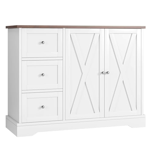 Garvee Buffet Cabinet with Drawers, 42" Large Sideboard Buffet Storage Cabinet with Shelves and Doors, Modern Farmhouse Coffee Bar Station Wood Kitchen Table for Kitchen, Dining Room, White Garvee