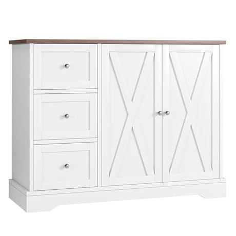 Garvee Buffet Cabinet with Drawers, 42" Large Sideboard Buffet Storage Cabinet with Shelves and Doors, Modern Farmhouse Coffee Bar Station Wood Kitchen Table for Kitchen, Dining Room, White Garvee