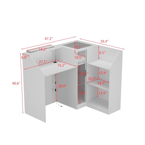 WOODTIME Reception Desk with Counter, Colored LED Light, Glass Front & Open Shelves, Retail Counter with Adjustable Glass Shelves, Checkout Front Desk for Office Clinic Lobby Salon, White WOODTIME