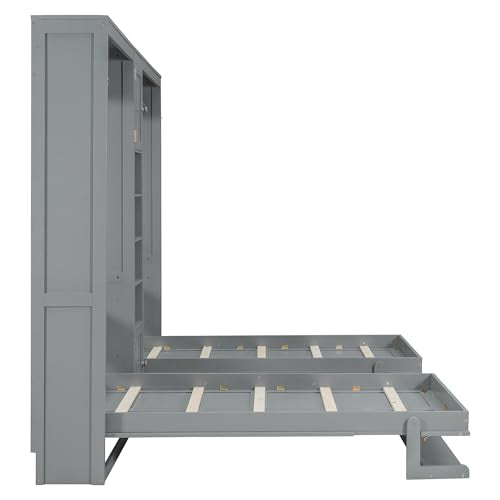 Merax Dual Twin Size Murphy Bed, Twin Wall Beds with Cabinets and Shelves, Gray Merax