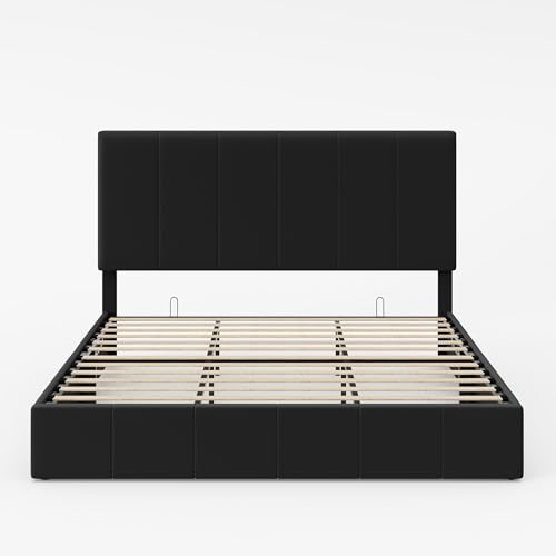 Allewie King Size Velvet Lift Up Storage Bed Frame, Vertical Channel Tufted Headboard, Hydrualic Underneath Storage, Upholstered Platform Bed, Wooden Slats Support, No Box Spring Needed, Black Allewie
