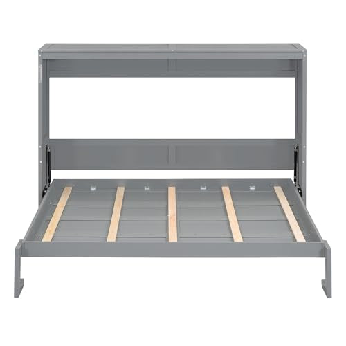 Merax Modern Farmhouse Solid Wood Murphy Cabinet Bed, No Box Spring Needed/Easy Assemble/Queen,Gray Merax