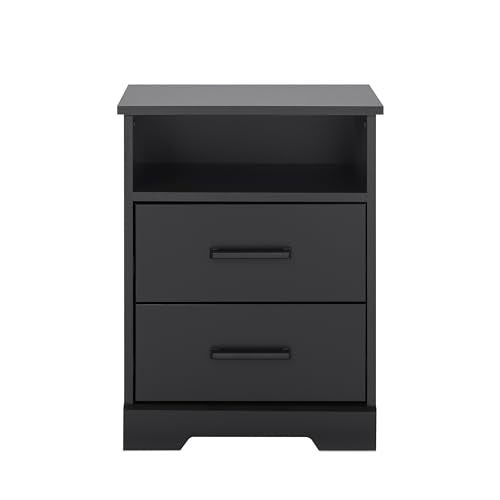 Prepac Rustic Ridge Farmhouse Nightstand Bedside Table, Black Nightstand for Bedroom, End Table with 2 Drawers and Open Shelf 16.25"D x 18.75"W x 24.5"H Prepac