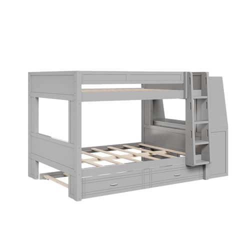 Merax Full Over Full Size Multifunctional Bunk Bed with Trundle, Desk, Bookshelves, Modern Loft Bed Frame with Ladder, Storage Shelves, and Guardrail for Teens, Gray Merax