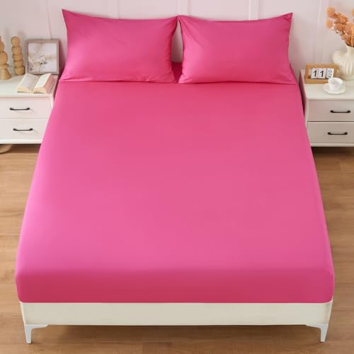 Homiest 3PCS Pure Cotton Fitted Sheet & Pillowcase Set, Queen Size, 400 Thread Count, Soft & Breathable, 15 Inch Deep Pocket, Luxury 5-Star Hotel Quality Cotton Sheets, Hot Pink Homiest