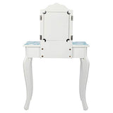 Ynredee Kids Vanity Set,Vanity Table and Chair with Three-Fold Mirror,Single-Drawing Curved Foot Children Dressing Table with Drawer (Blue and White) Ynredee