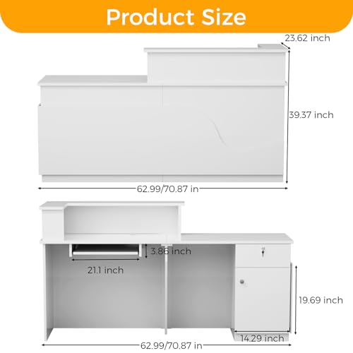 Reception Desk with LED Lights, 71" White Glossy Front Desk Counter with Lockable Drawer & Cabinet, Modern Left-Side Higher Counter with Keyboard Tray, Reception Counter for Office, Salon and Lobby