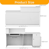 Reception Desk with LED Lights, 71" White Glossy Front Desk Counter with Lockable Drawer & Cabinet, Modern Left-Side Higher Counter with Keyboard Tray, Reception Counter for Office, Salon and Lobby