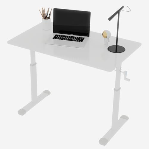 Penau Adjustable Height Standing Desk, Manual Crank Sit Stand Computer Desk, Minimalist White Engineered Wood Top, White Iron Double Column Frame, 39.37 x 23.62 x 35.43 Inchs Penau