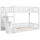 SOFTSEA Twin Over Twin Floor Bunk Bed with Storage Stairs, Solid Wood Low Bunk Bed Frame with Door & Guardrails, Space-Saving Stairway Bunk Beds for Kids Teens & Adults, White SOFTSEA